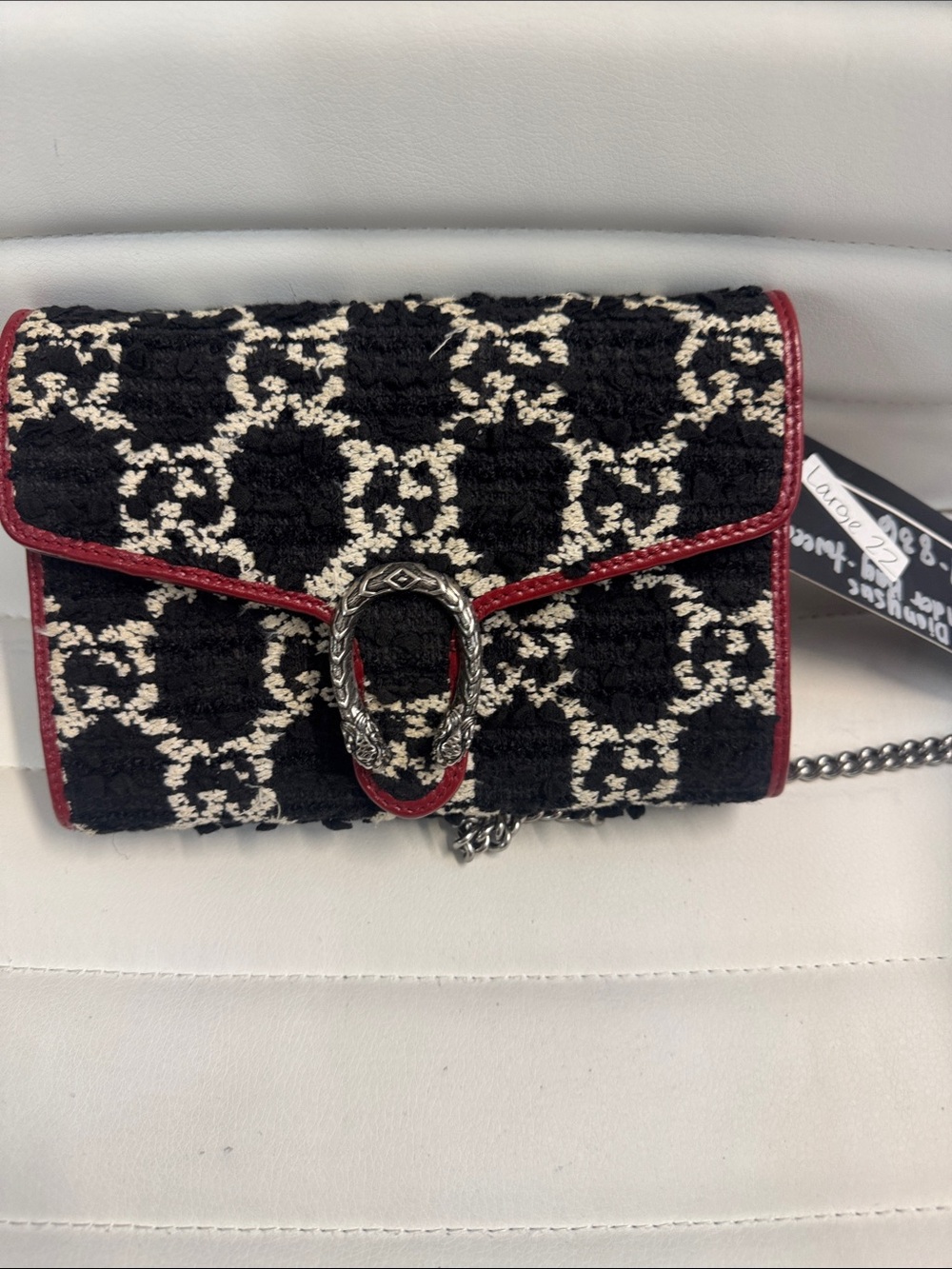 Black & Cream Tweed Crossbody Bag with Red Trim